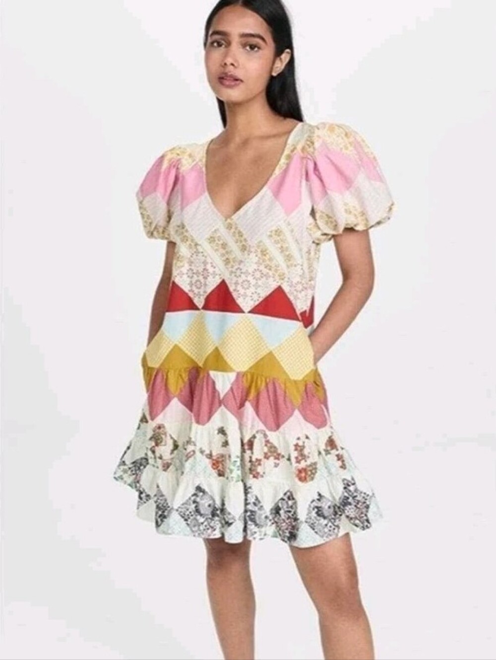 Patchwork Puff-Sleeve V-Neck Mini Dress in Pink, Yellow & Red